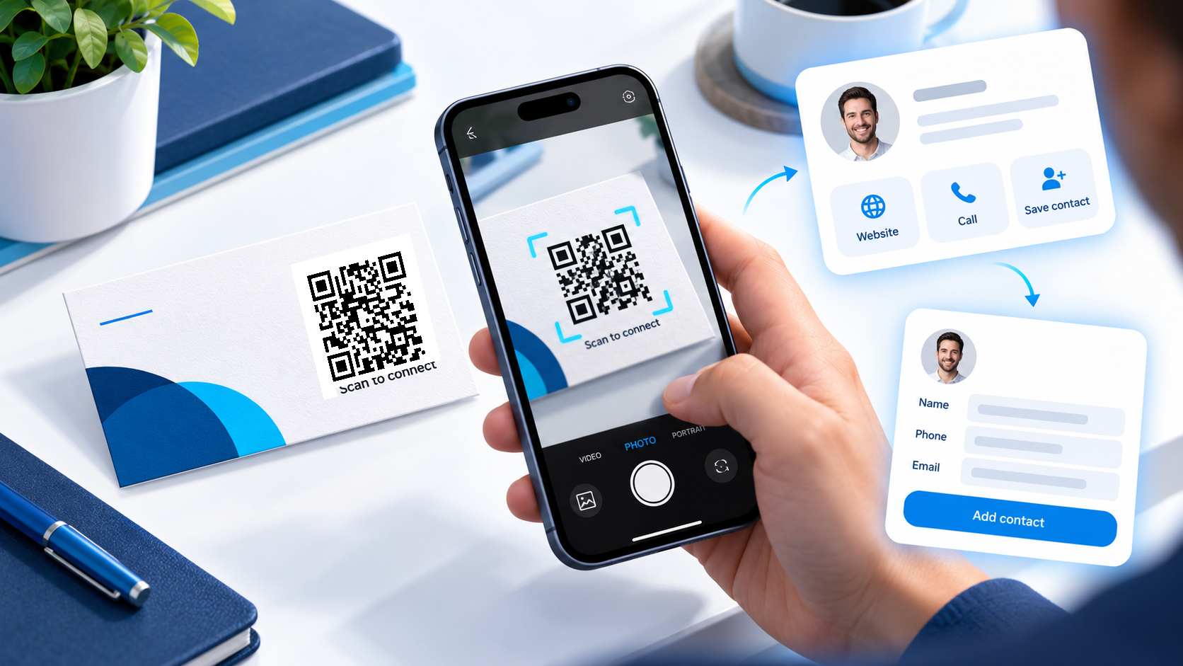 Scan the QR code on a business card to explore the business and save contact details