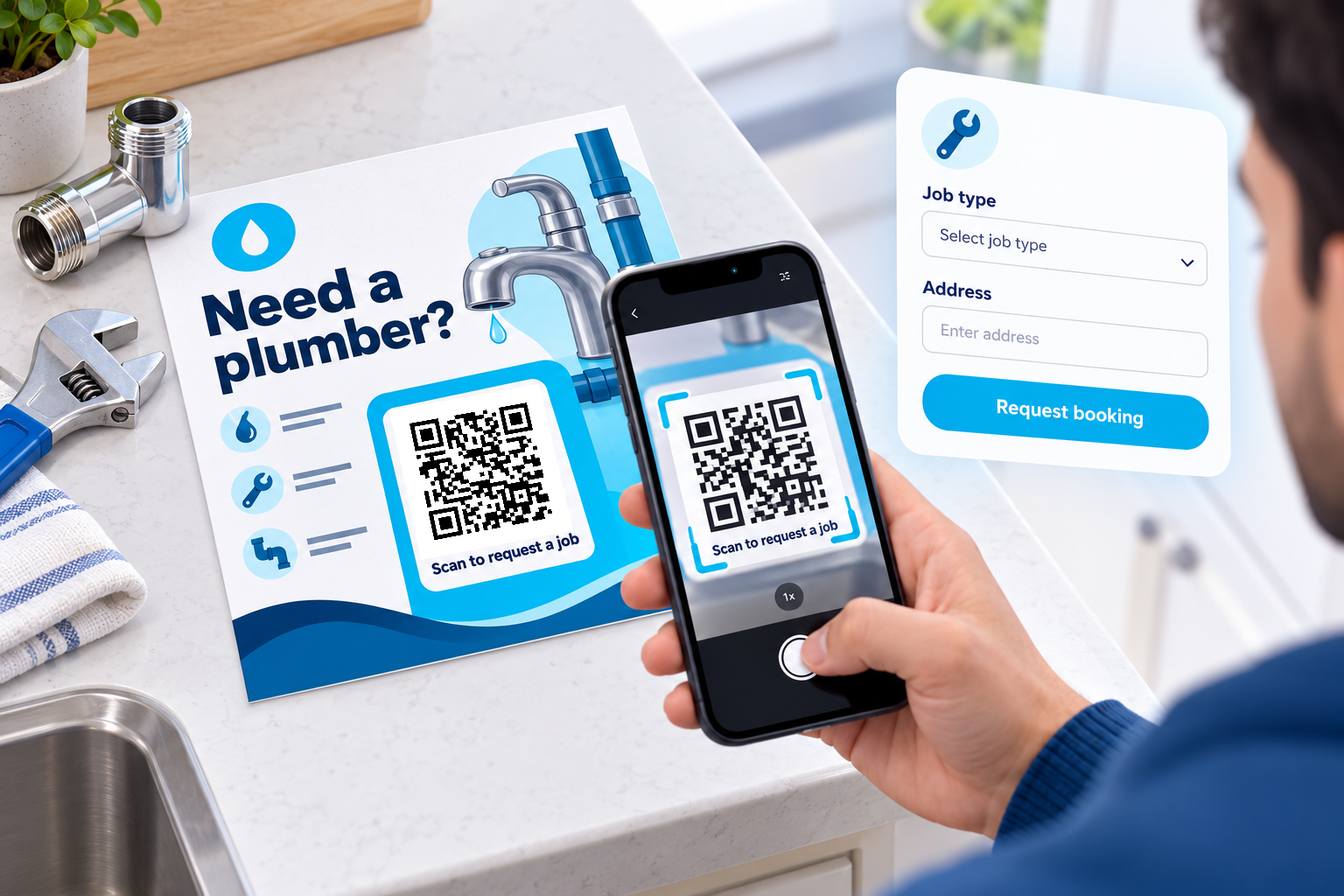 Scan the QR code on a plumbing flyer to request a plumbing job
