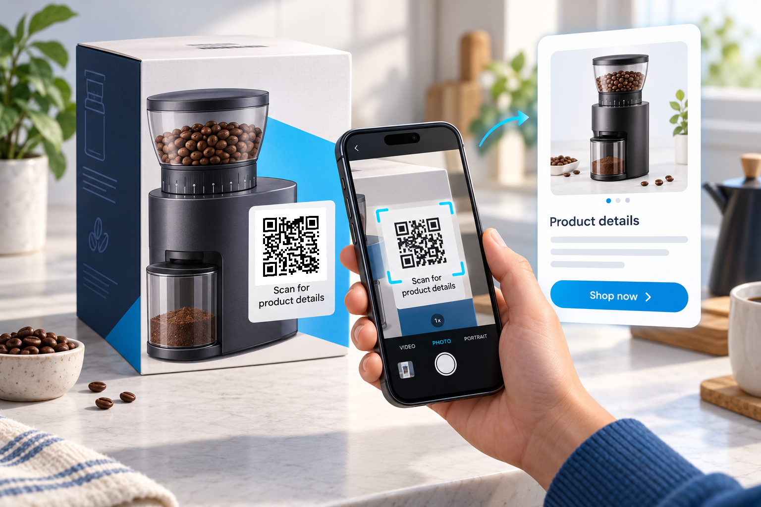 Scan the QR code on coffee grinder packaging to open product information