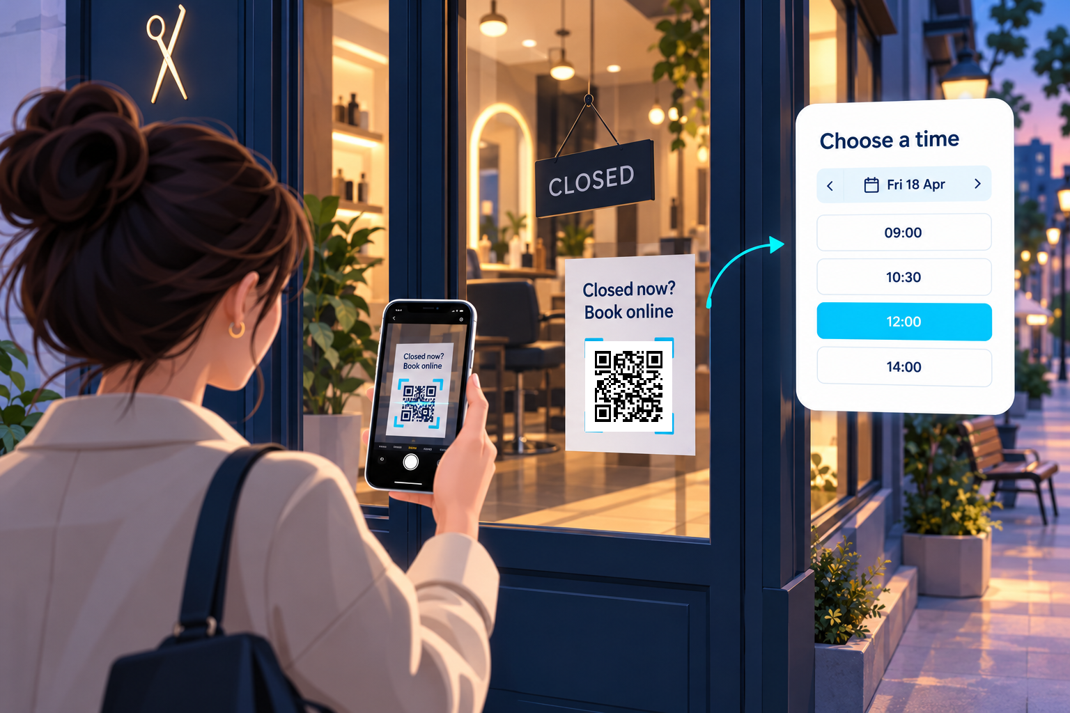 Scan the QR code on a closed shop door to book online
