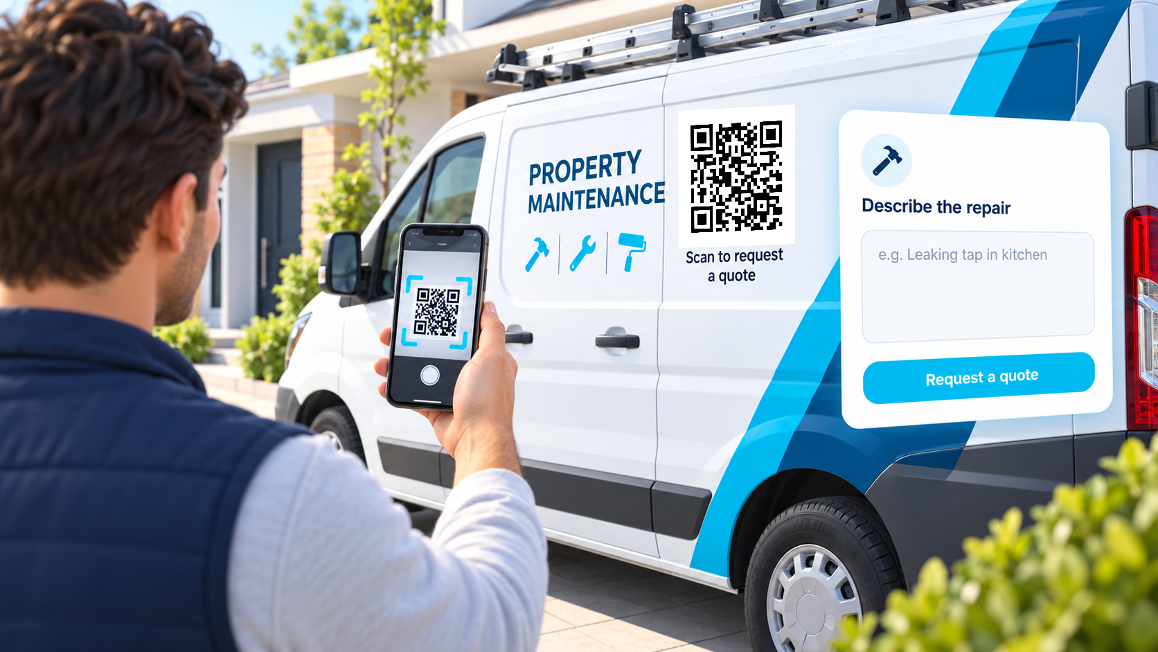 Scan the QR code on a parked property maintenance van to request a repair quote