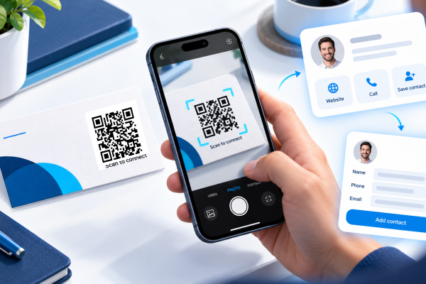 Scan the QR code on a business card to explore the business and save contact details