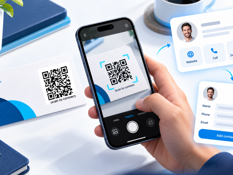 Scan the QR code on a business card to explore the business and save contact details