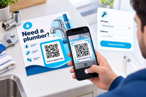 Scan the QR code on a plumbing flyer to request a plumbing job