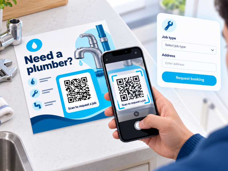 Scan the QR code on a plumbing flyer to request a plumbing job