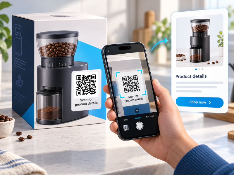 Scan the QR code on coffee grinder packaging to open product information