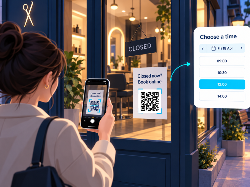 Scan the QR code on a closed shop door to book online