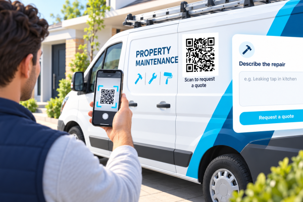 Scan the QR code on a parked property maintenance van to request a repair quote