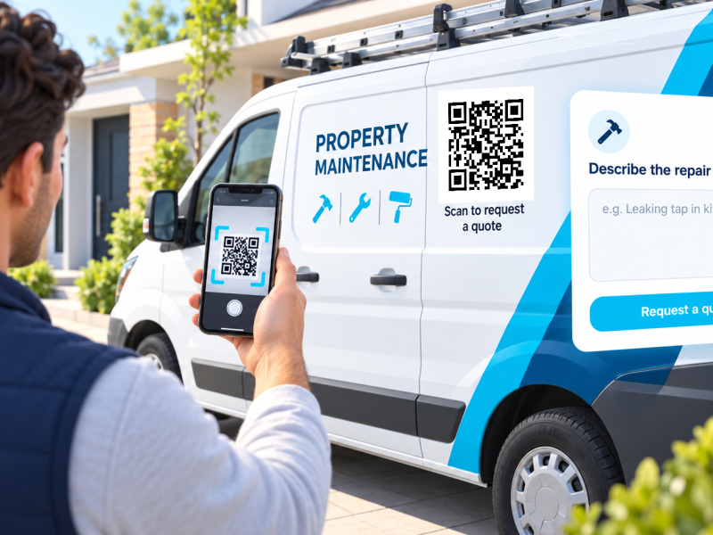 Scan the QR code on a parked property maintenance van to request a repair quote